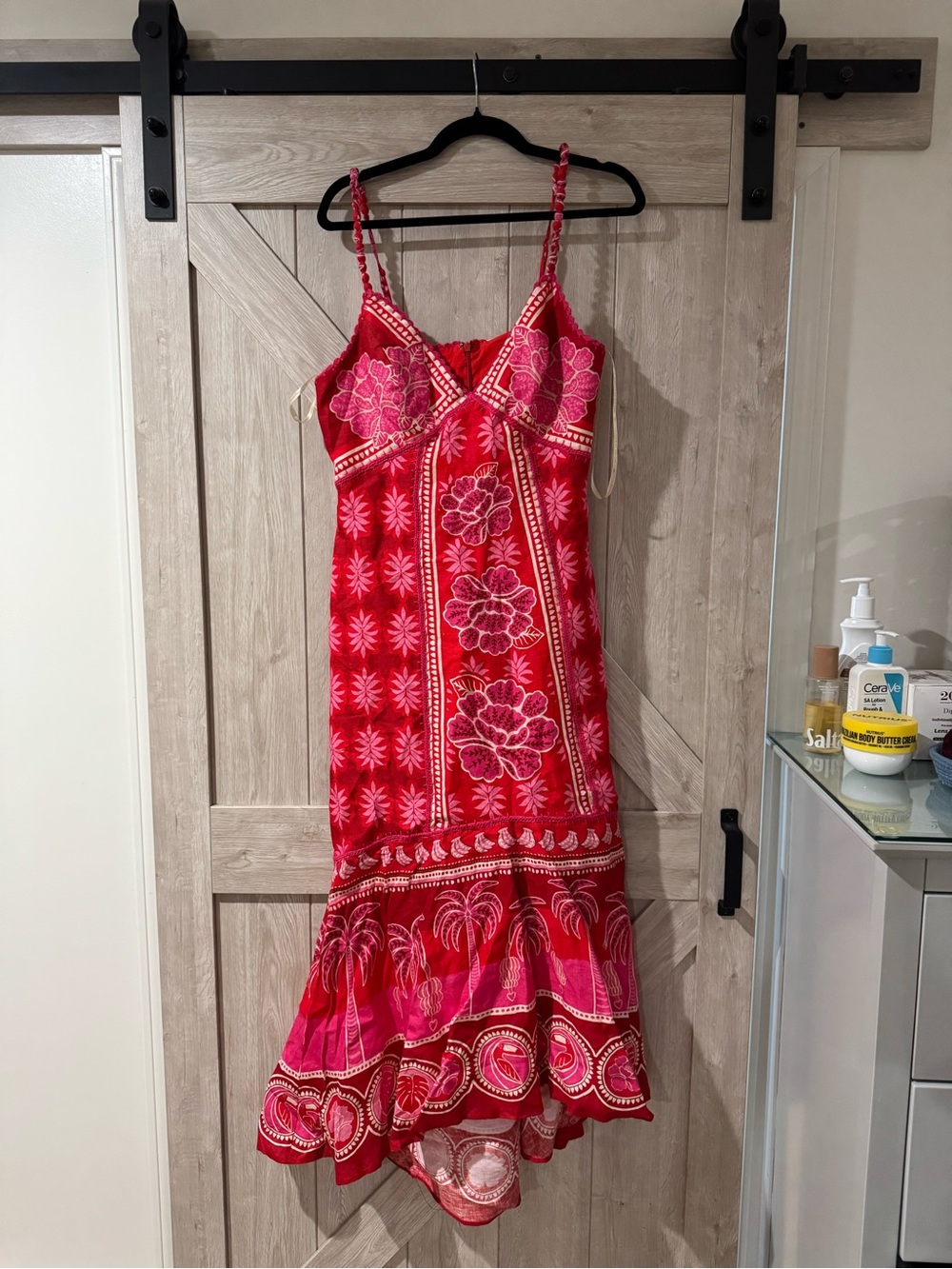 FARM Rio Red and Pink Floral Tiered Slip Dress